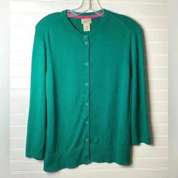 LL Bean Cotton Knit Button Down Green Cardigan Sweater Size Large - Picture 1 of 7